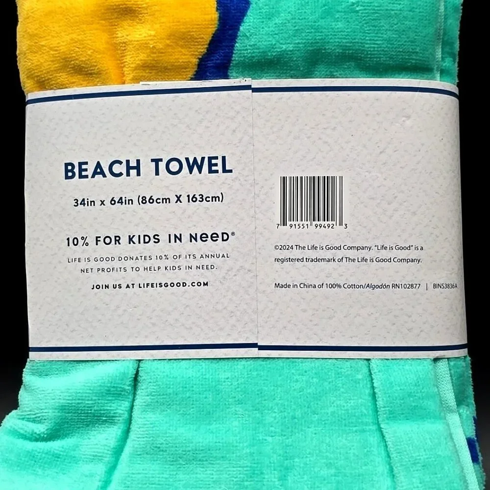 LIFE IS GOOD 100% Cotton Beach Towel Teal & Yellow Size 34